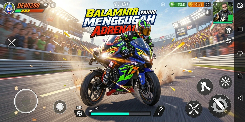 Gameplay menegangkan dari DEWI288 saat balapan motor di lintasan.